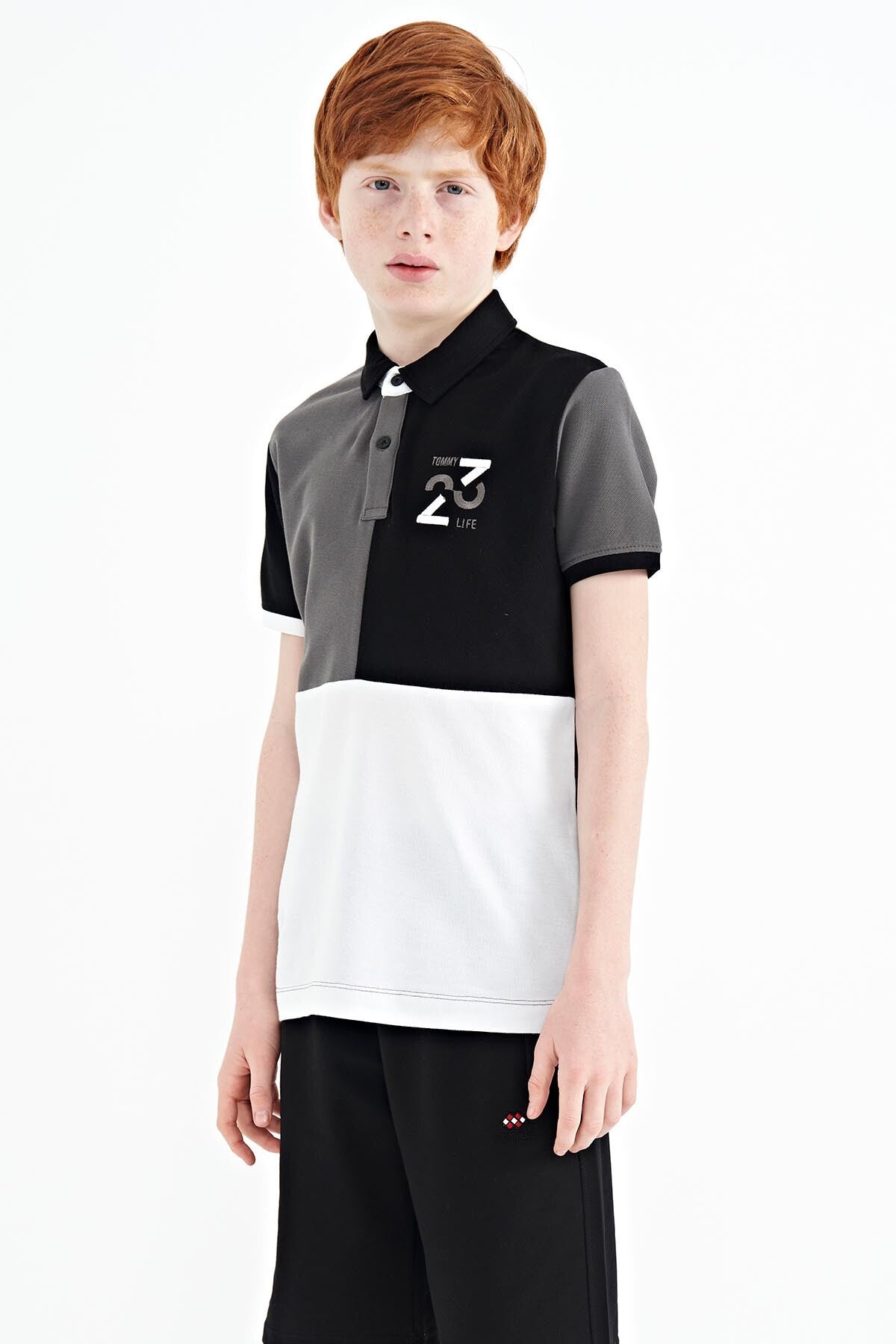 Dark Grey Color Block Embroidered Detailed Standard Fit Polo Collar Boys T-Shirt - 11108