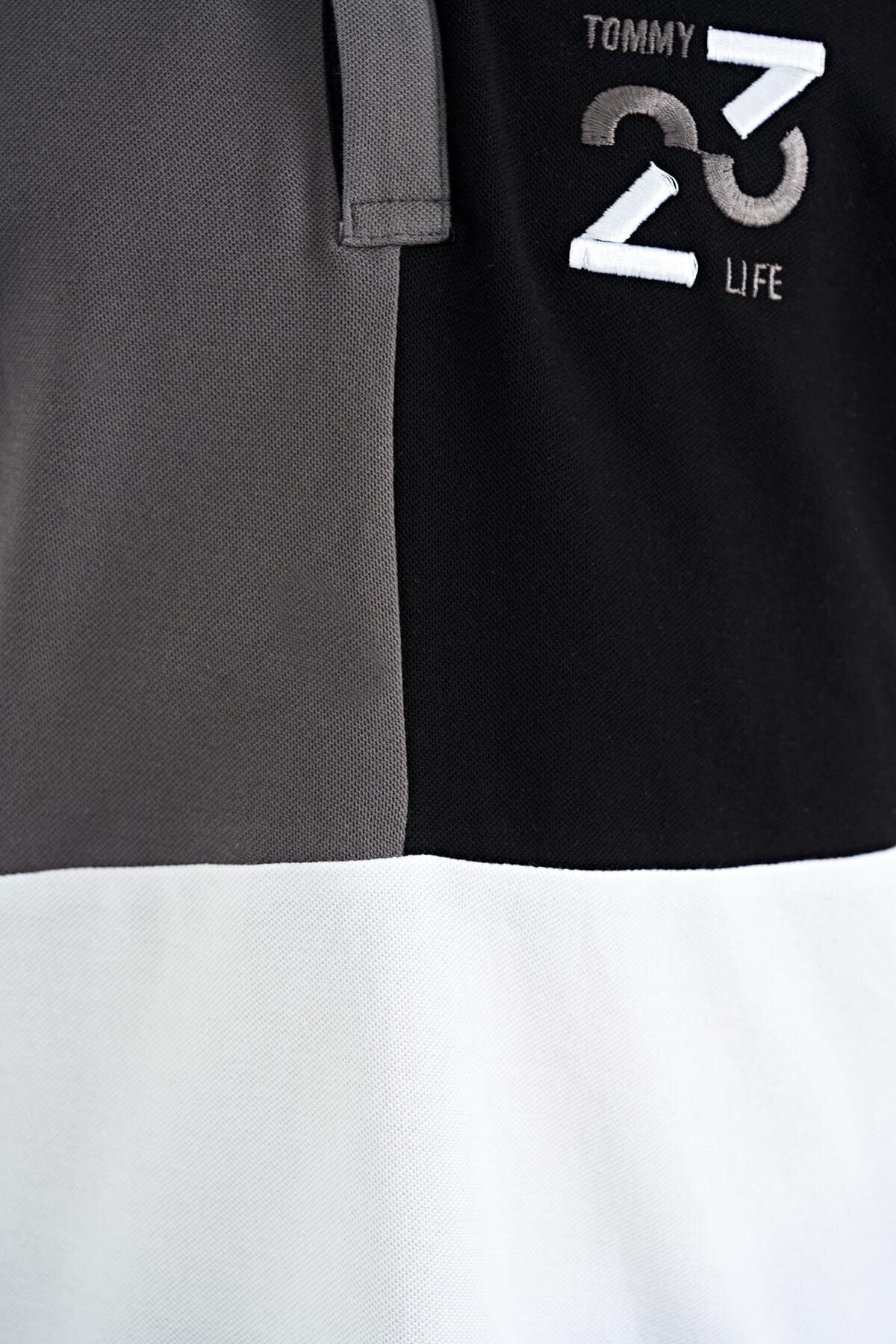 Dark Grey Color Block Embroidered Detailed Standard Fit Polo Collar Boys T-Shirt - 11108