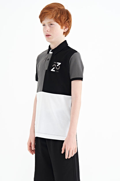 Dark Grey Color Block Embroidered Detailed Standard Fit Polo Collar Boys T-Shirt - 11108