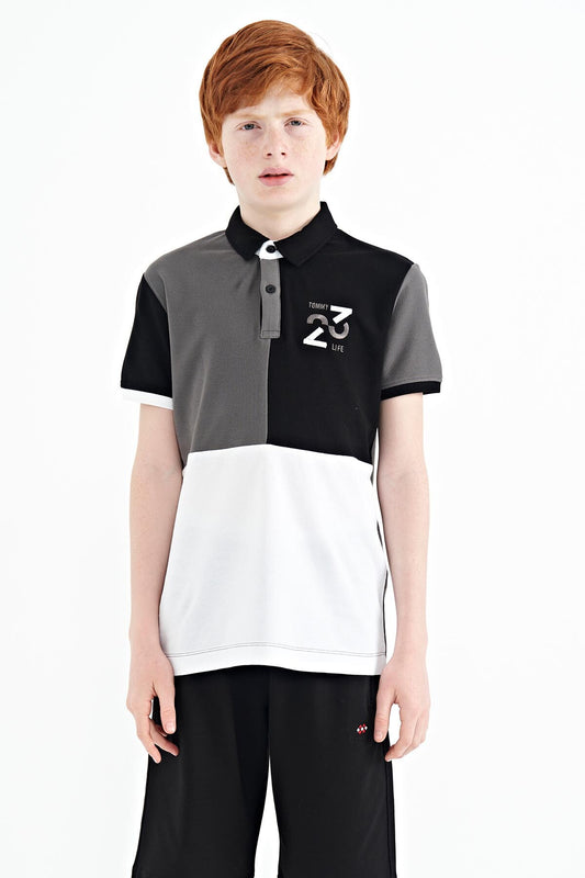 Dark Grey Color Block Embroidered Detailed Standard Fit Polo Collar Boys T-Shirt - 11108