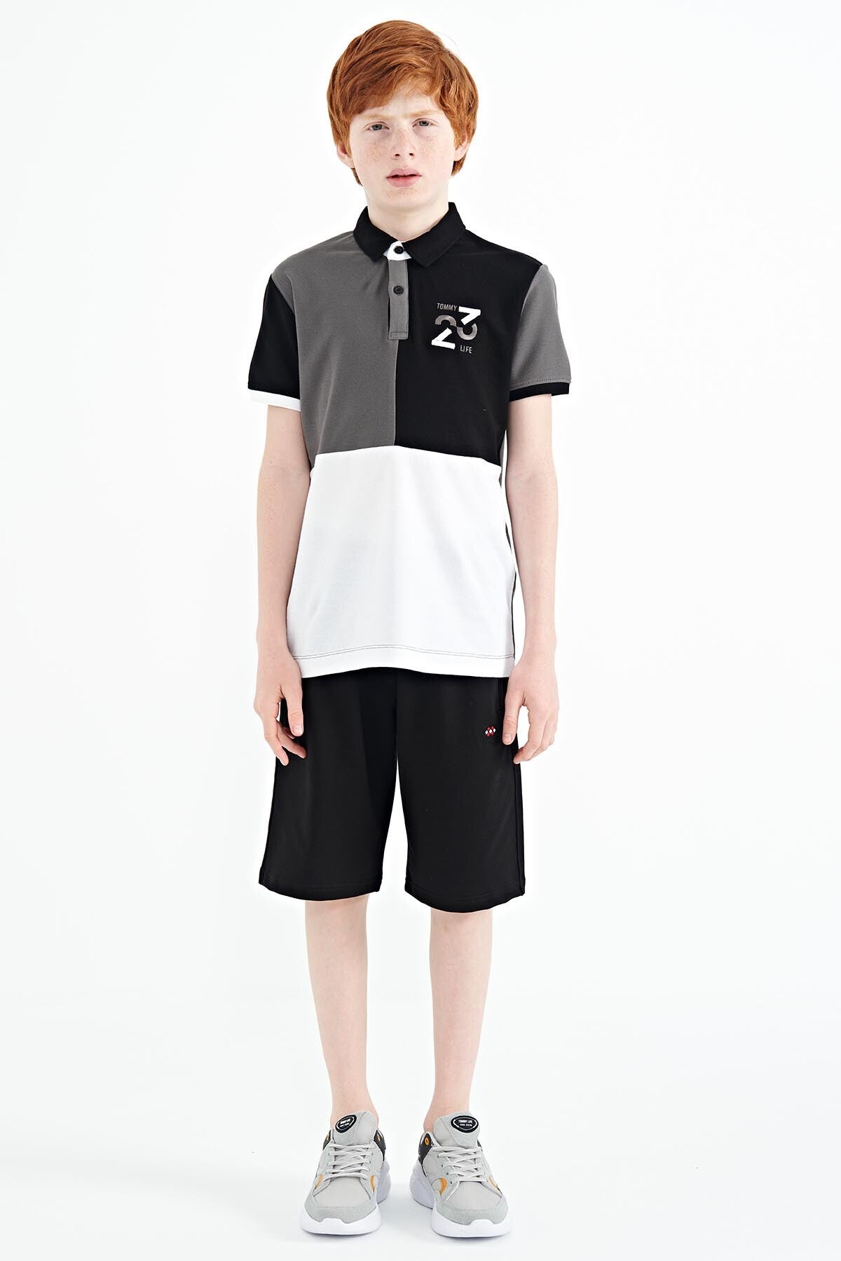 Dark Grey Color Block Embroidered Detailed Standard Fit Polo Collar Boys T-Shirt - 11108