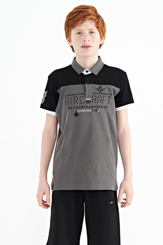 Dark Gray Color Block Letter Embroidery Standard Fit Polo Collar Boys T-Shirt - 11087