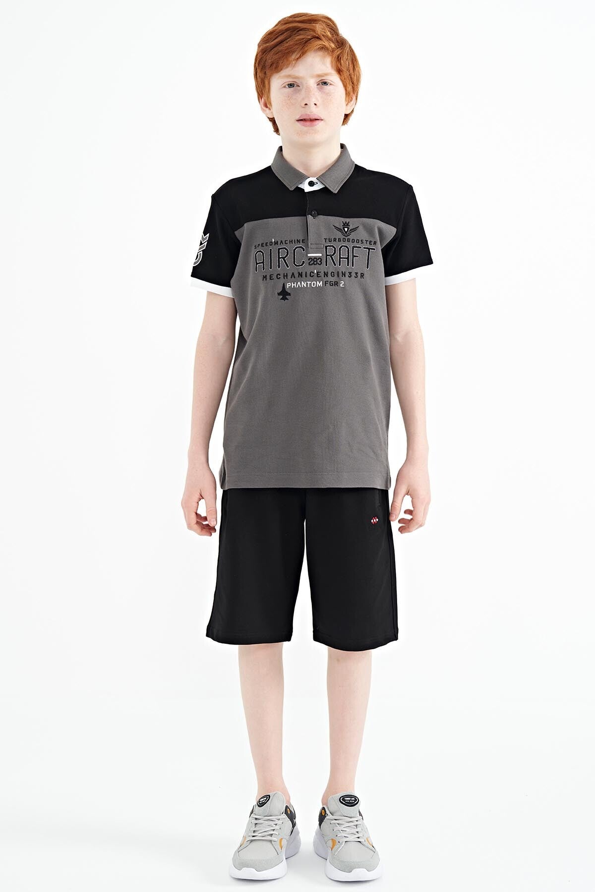 Dark Gray Color Block Letter Embroidery Standard Fit Polo Collar Boys T-Shirt - 11087