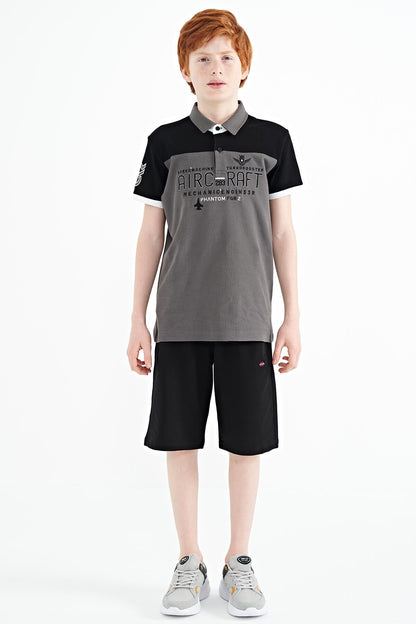 Dark Gray Color Block Letter Embroidery Standard Fit Polo Collar Boys T-Shirt - 11087