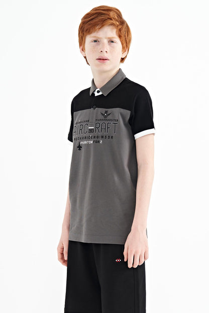 Dark Gray Color Block Letter Embroidery Standard Fit Polo Collar Boys T-Shirt - 11087