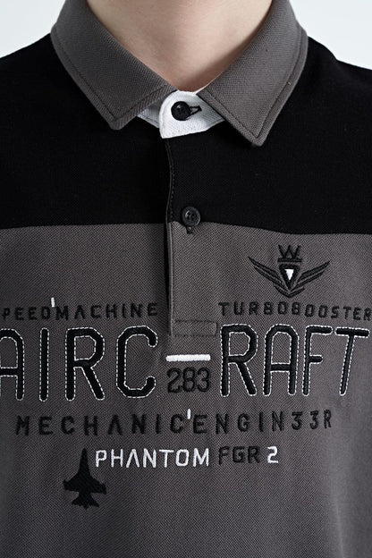 Dark Gray Color Block Letter Embroidery Standard Fit Polo Collar Boys T-Shirt - 11087
