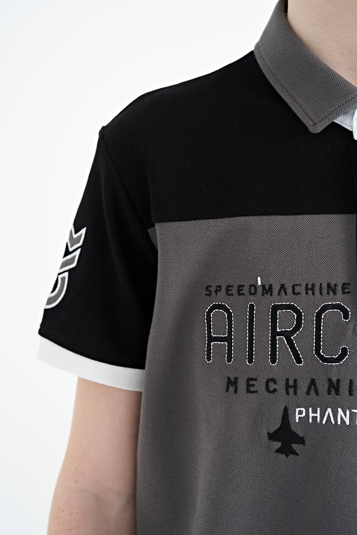 Dark Gray Color Block Letter Embroidery Standard Fit Polo Collar Boys T-Shirt - 11087