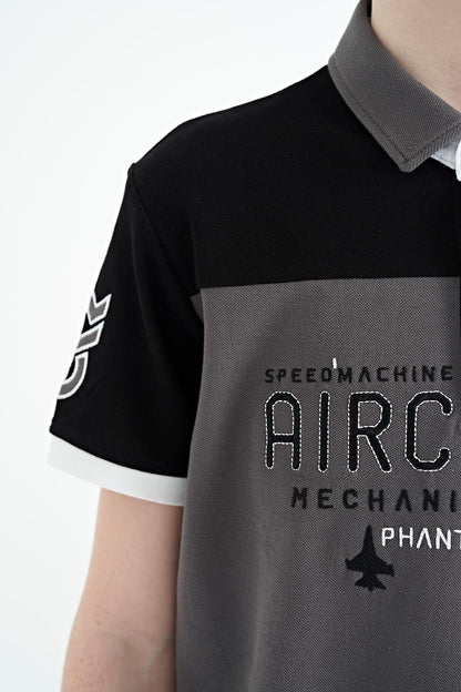 Dark Gray Color Block Letter Embroidery Standard Fit Polo Collar Boys T-Shirt - 11087