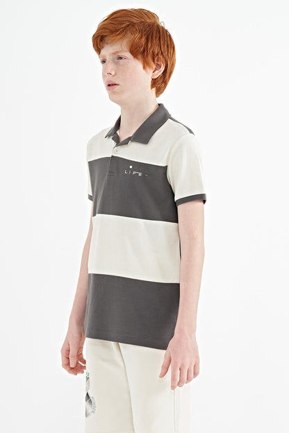 Dark Grey Color Block Letter Embroidered Standard Fit Polo Collar Boys' T-Shirt - 11095