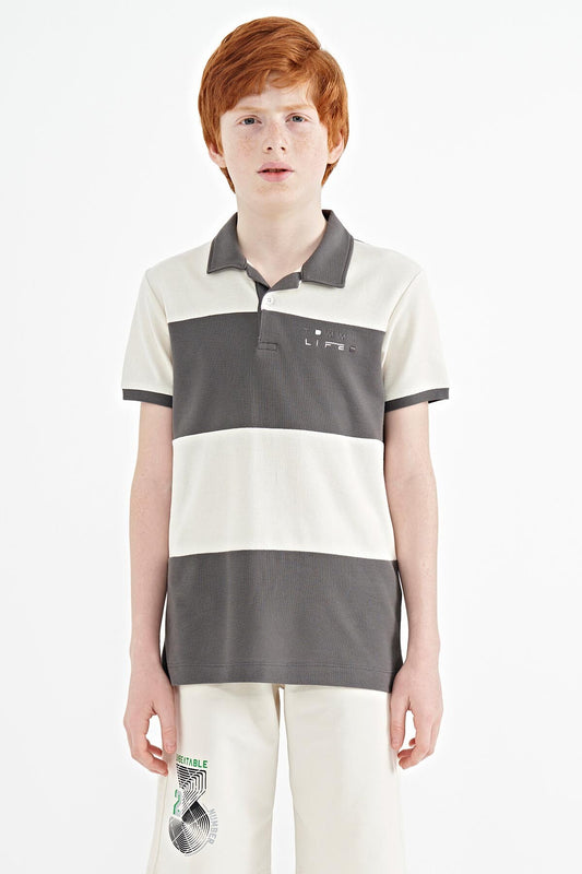 Dark Grey Color Block Letter Embroidered Standard Fit Polo Collar Boys' T-Shirt - 11095