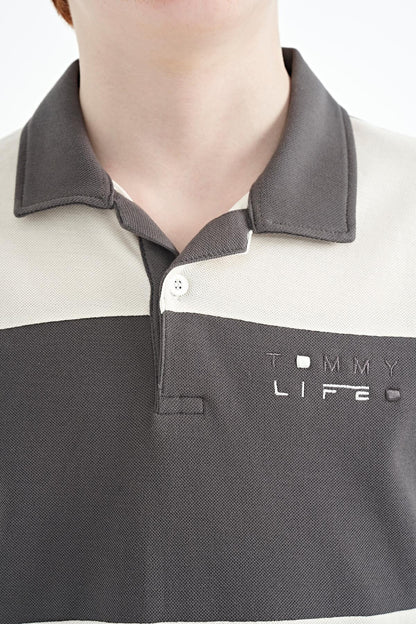 Dark Grey Color Block Letter Embroidered Standard Fit Polo Collar Boys' T-Shirt - 11095