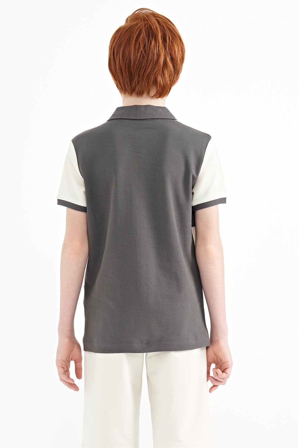 Dark Grey Color Block Letter Embroidered Standard Fit Polo Collar Boys' T-Shirt - 11095