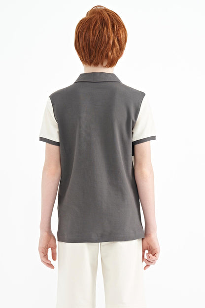 Dark Grey Color Block Letter Embroidered Standard Fit Polo Collar Boys' T-Shirt - 11095