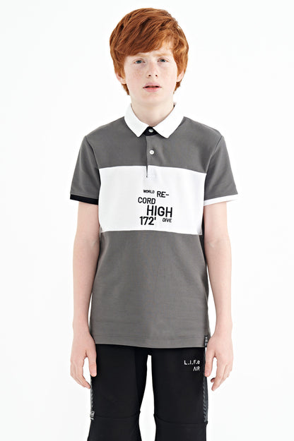 Dark Gray Gradient Embroidered Detailed Standard Fit Polo Collar Boys' T-Shirt - 11110