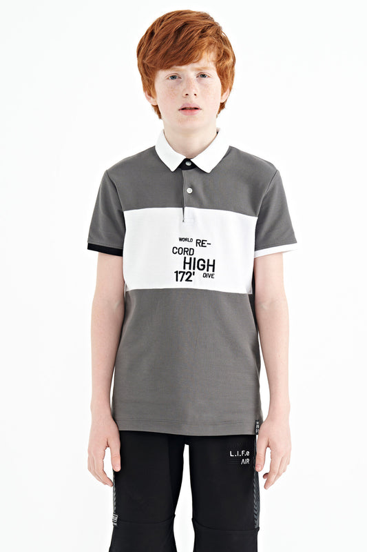 Dark Gray Gradient Embroidered Detailed Standard Fit Polo Collar Boys' T-Shirt - 11110
