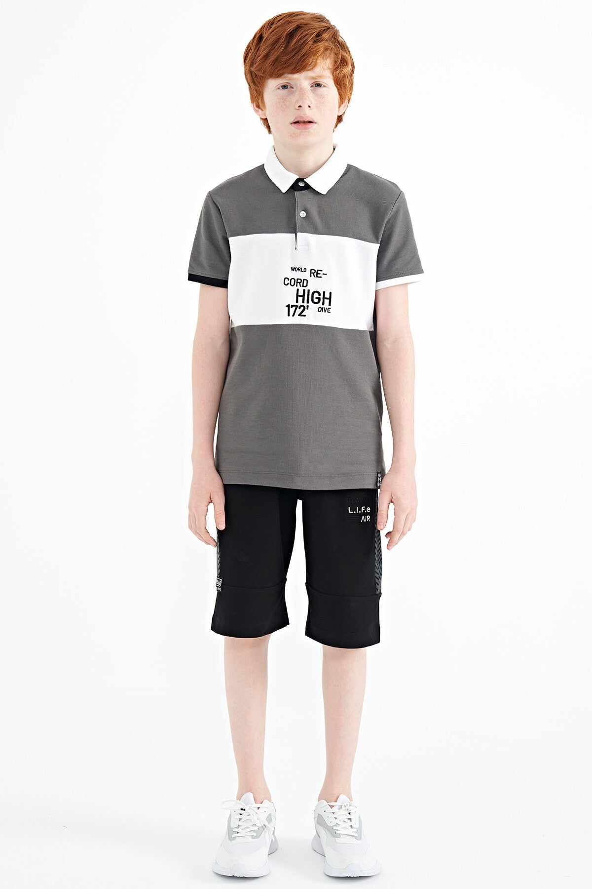 Dark Gray Gradient Embroidered Detailed Standard Fit Polo Collar Boys' T-Shirt - 11110