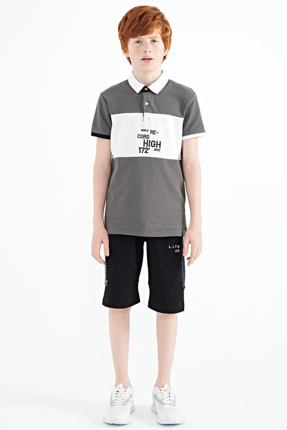 Dark Gray Gradient Embroidered Detailed Standard Fit Polo Collar Boys' T-Shirt - 11110