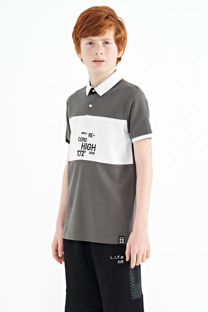 Dark Gray Gradient Embroidered Detailed Standard Fit Polo Collar Boys' T-Shirt - 11110