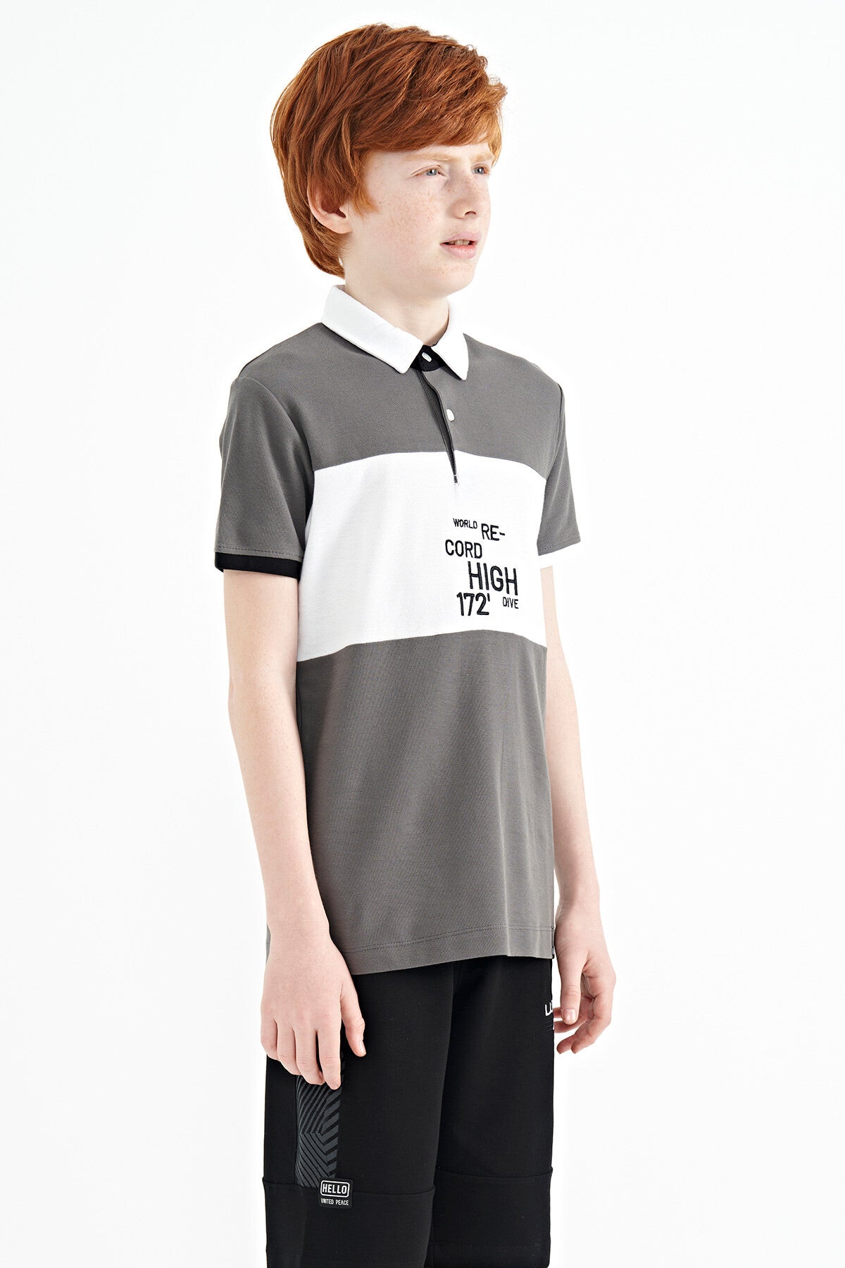 Dark Gray Gradient Embroidered Detailed Standard Fit Polo Collar Boys' T-Shirt - 11110