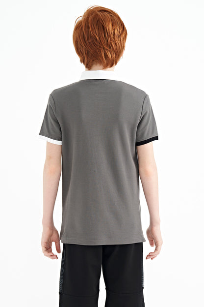 Dark Gray Gradient Embroidered Detailed Standard Fit Polo Collar Boys' T-Shirt - 11110