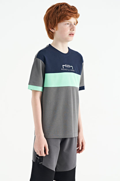 Dark Grey Gradient Embroidered Oversize Boys' T-Shirt - 11159