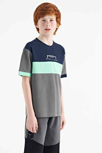 Dark Grey Gradient Embroidered Oversize Boys' T-Shirt - 11159