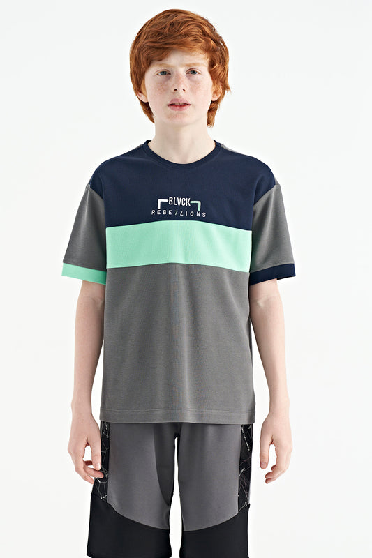 Dark Grey Gradient Embroidered Oversize Boys' T-Shirt - 11159