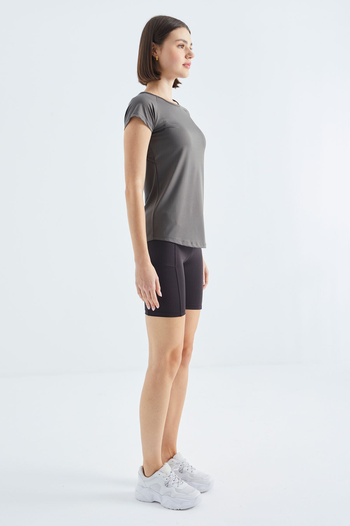 Dark Gray Short Sleeve Standard Fit O-Neck Women's T-Shirt with Back Window - 97101