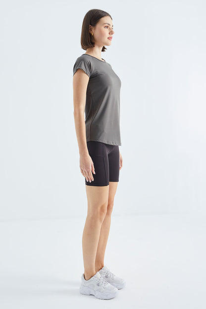 Dark Gray Short Sleeve Standard Fit O-Neck Women's T-Shirt with Back Window - 97101