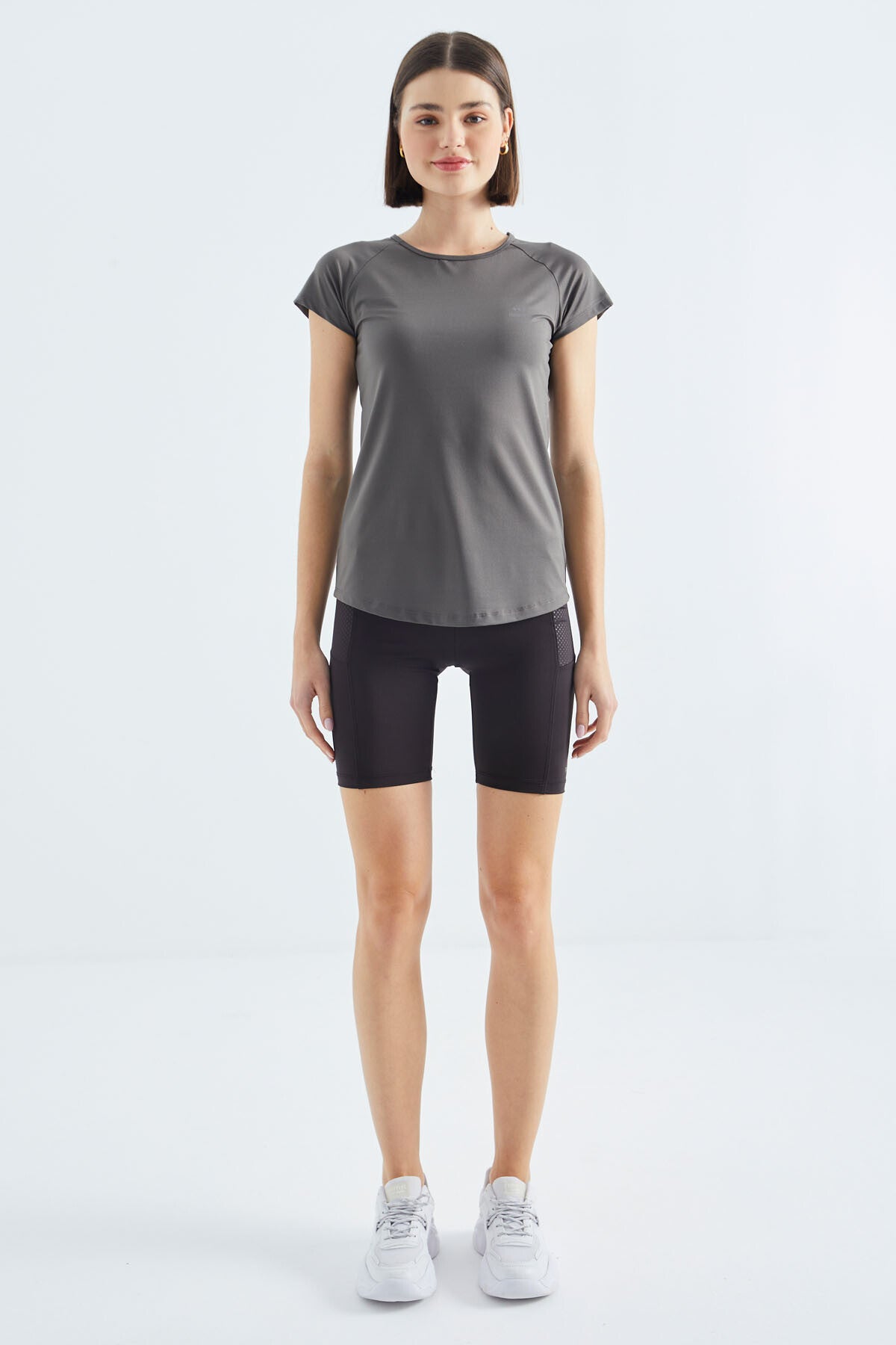 Dark Gray Short Sleeve Standard Fit O-Neck Women's T-Shirt with Back Window - 97101