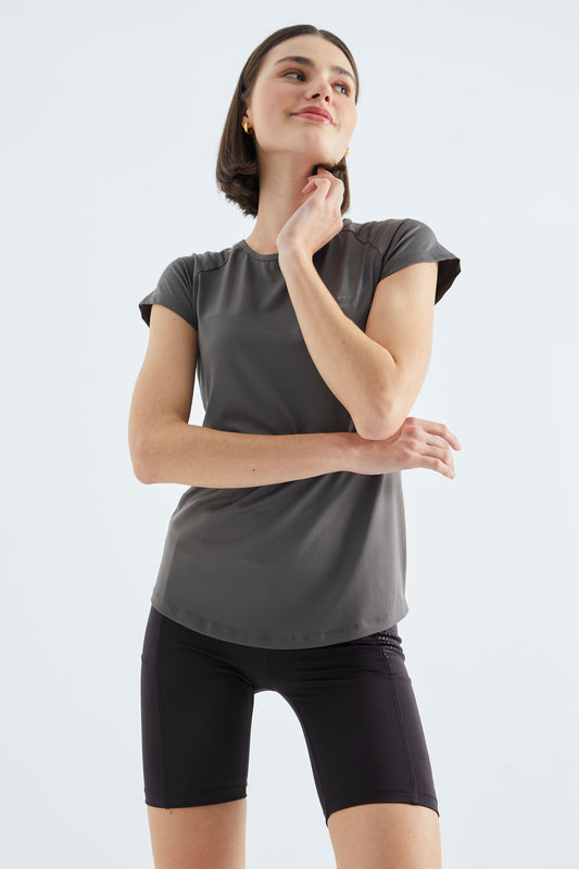 Dark Gray Short Sleeve Standard Fit O-Neck Women's T-Shirt with Back Window - 97101