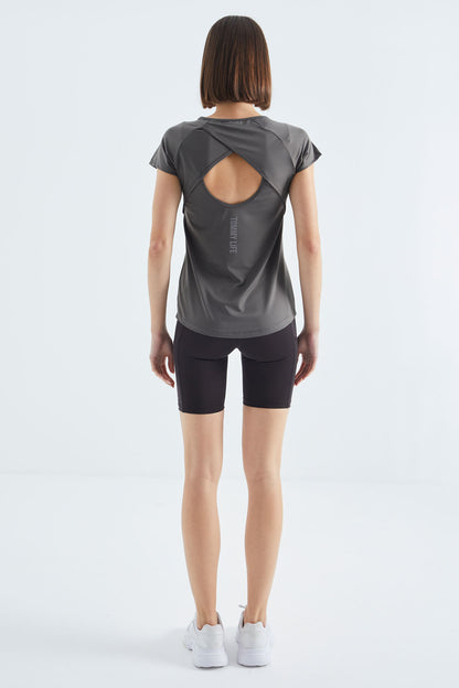 Dark Gray Short Sleeve Standard Fit O-Neck Women's T-Shirt with Back Window - 97101