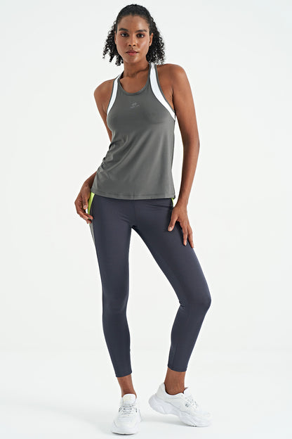 Dark Grey Back Color Detailed Logo Printed Standard Cut Women's Sports Singlet - 97257