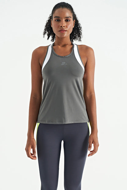 Dark Grey Back Color Detailed Logo Printed Standard Cut Women's Sports Singlet - 97257