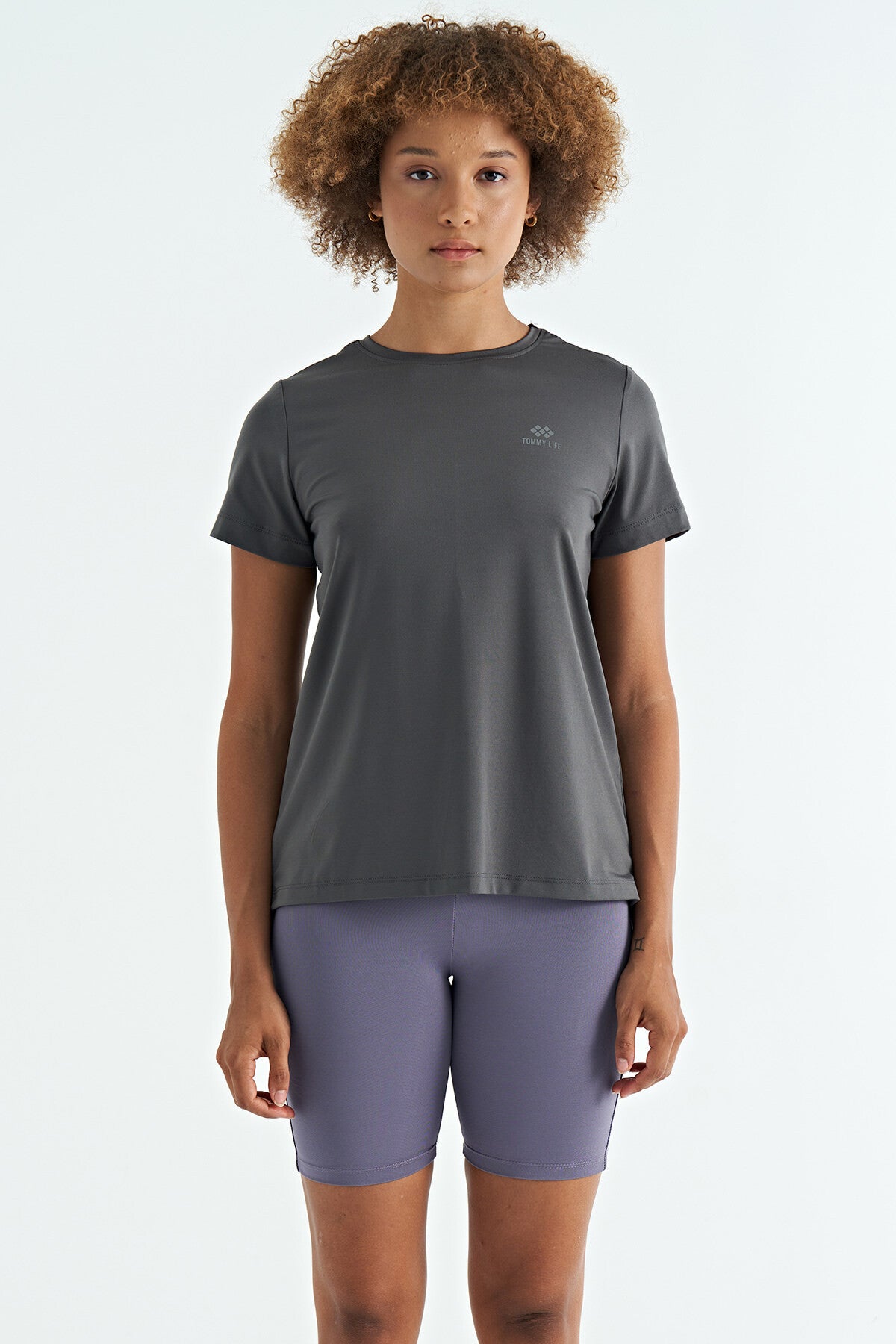Dark Grey Back Slit Detailed O Collar Short Sleeve Standard Fit Women's T-Shirt - 97267