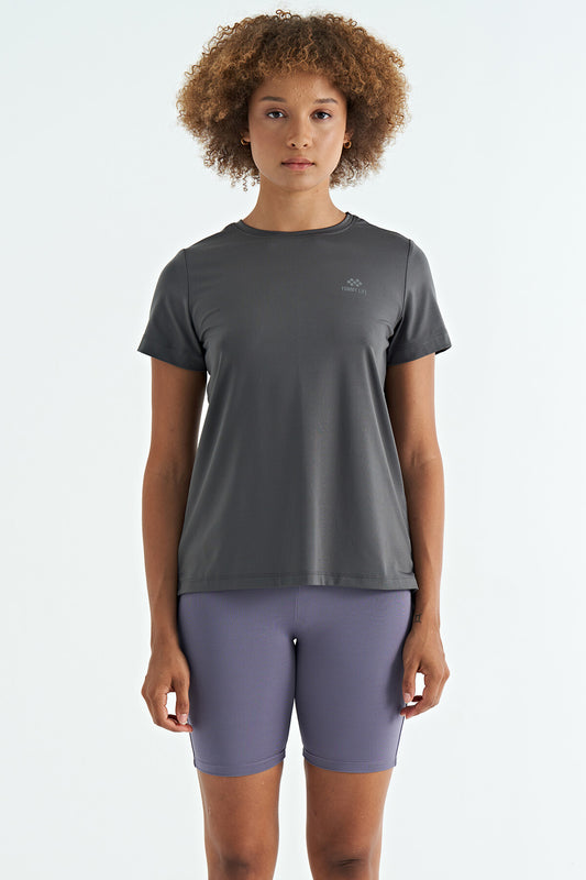 Dark Grey Back Slit Detailed O Collar Short Sleeve Standard Fit Women's T-Shirt - 97267