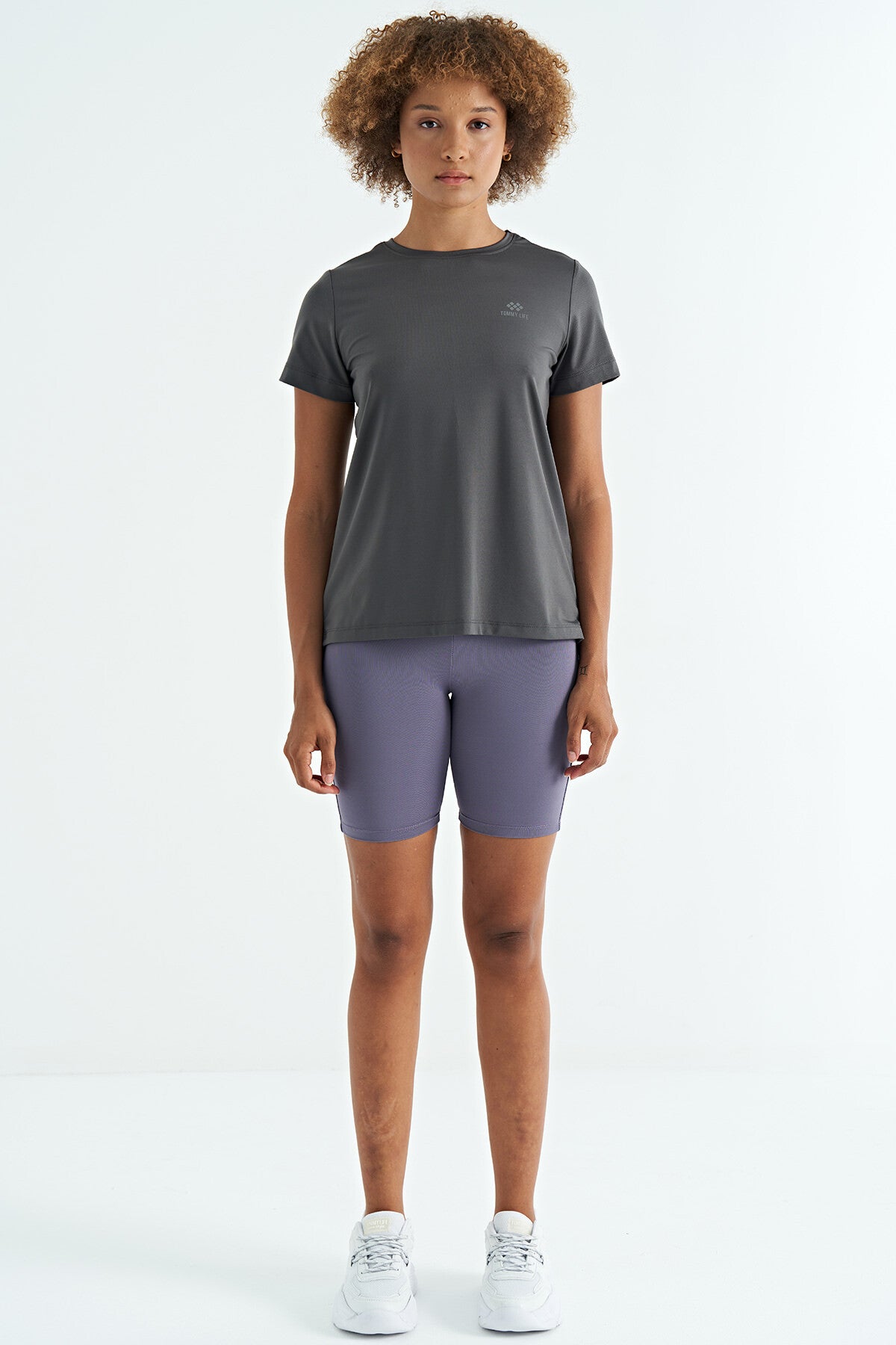 Dark Grey Back Slit Detailed O Collar Short Sleeve Standard Fit Women's T-Shirt - 97267