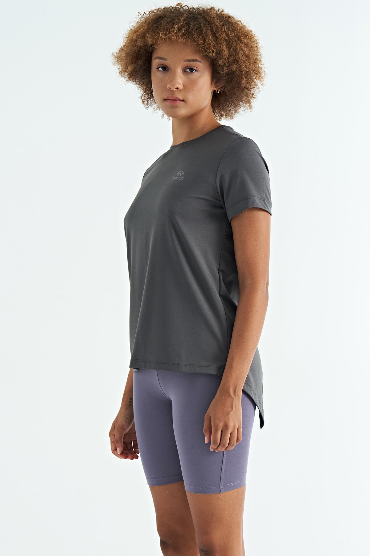 Dark Grey Back Slit Detailed O Collar Short Sleeve Standard Fit Women's T-Shirt - 97267