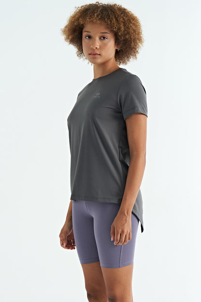Dark Grey Back Slit Detailed O Collar Short Sleeve Standard Fit Women's T-Shirt - 97267
