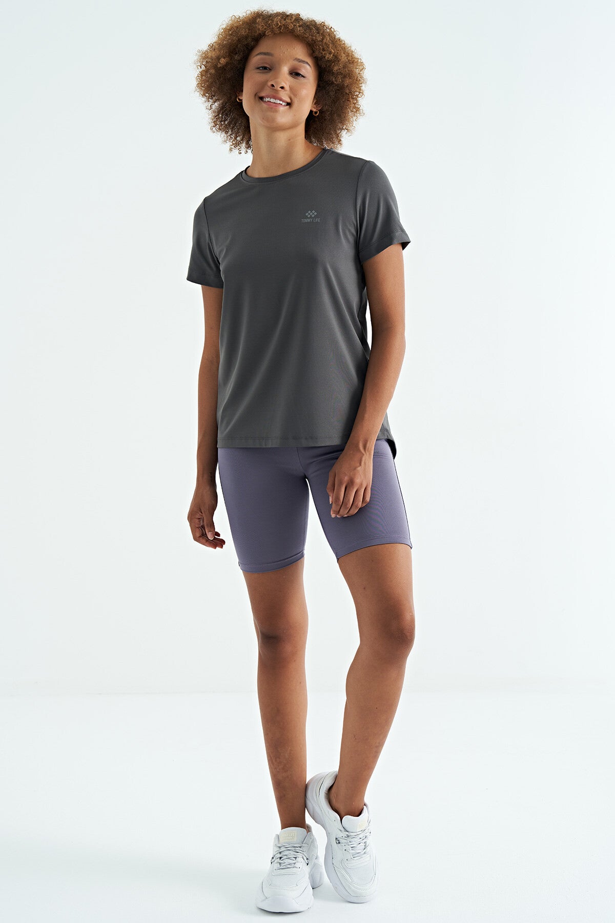 Dark Grey Back Slit Detailed O Collar Short Sleeve Standard Fit Women's T-Shirt - 97267