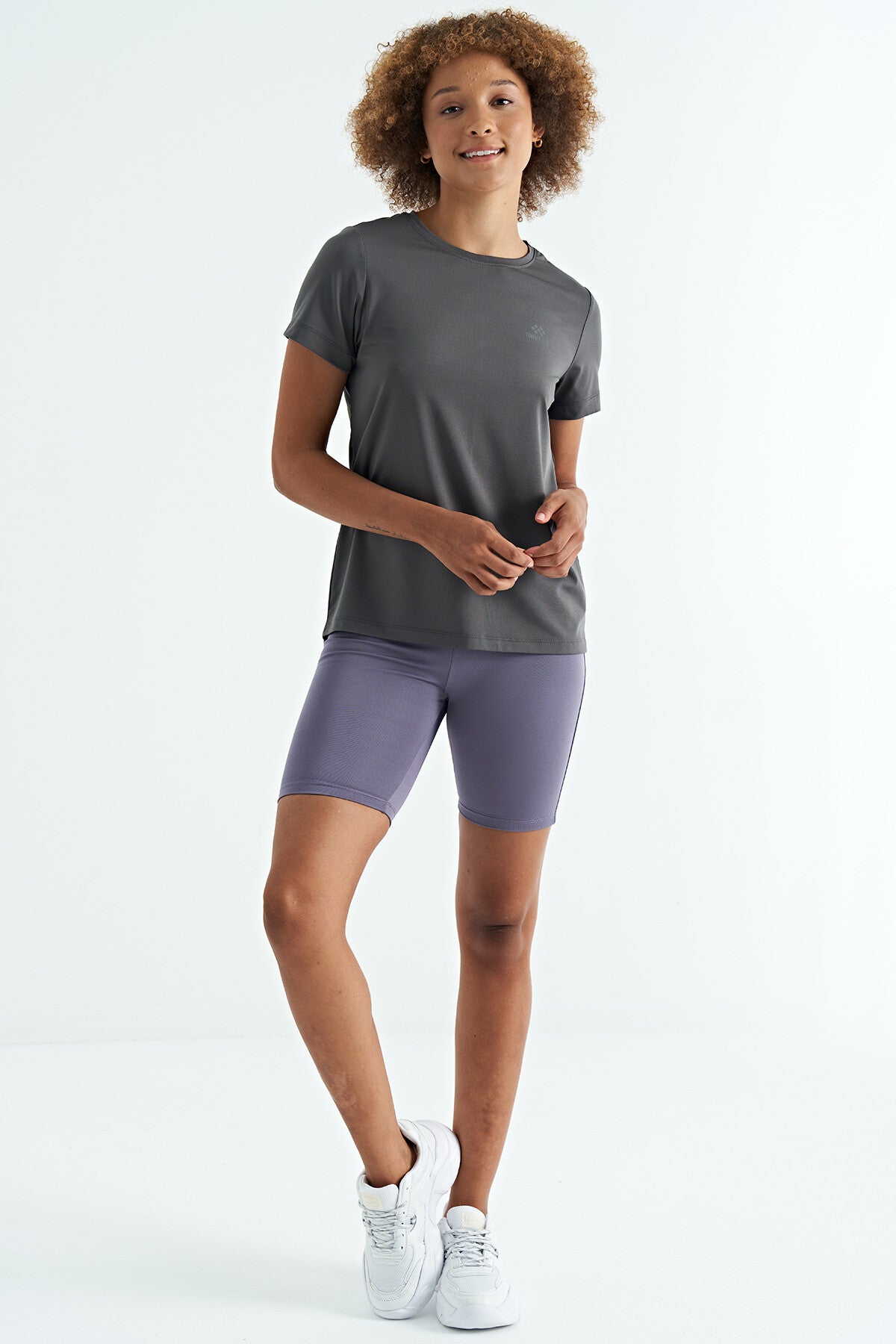 Dark Grey Back Slit Detailed O Collar Short Sleeve Standard Fit Women's T-Shirt - 97267
