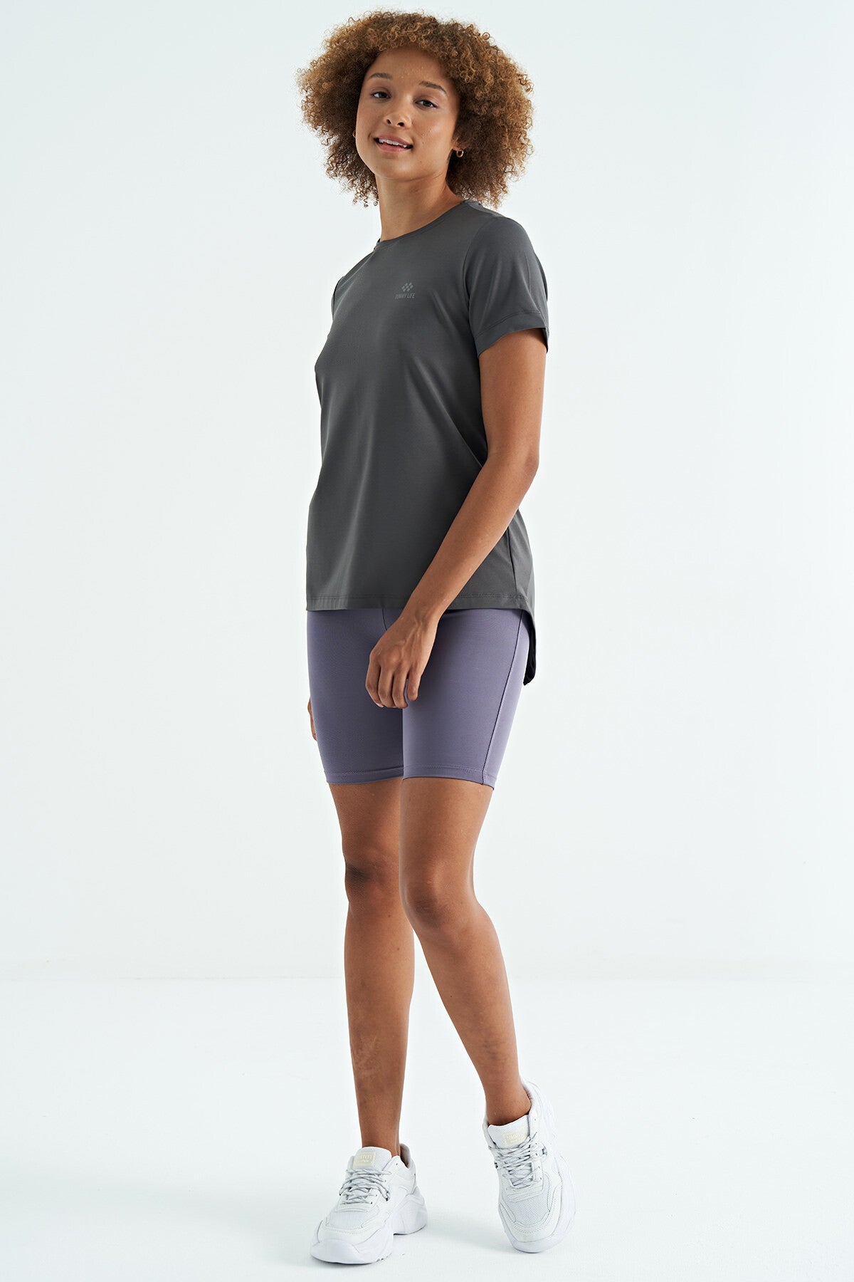 Dark Grey Back Slit Detailed O Collar Short Sleeve Standard Fit Women's T-Shirt - 97267