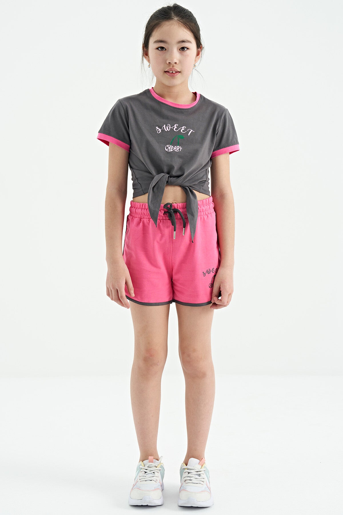 Dark Gray - Sugar Pink O Collar Printed Knot Detailed Relax Fit Girls' Shorts Set - 75132