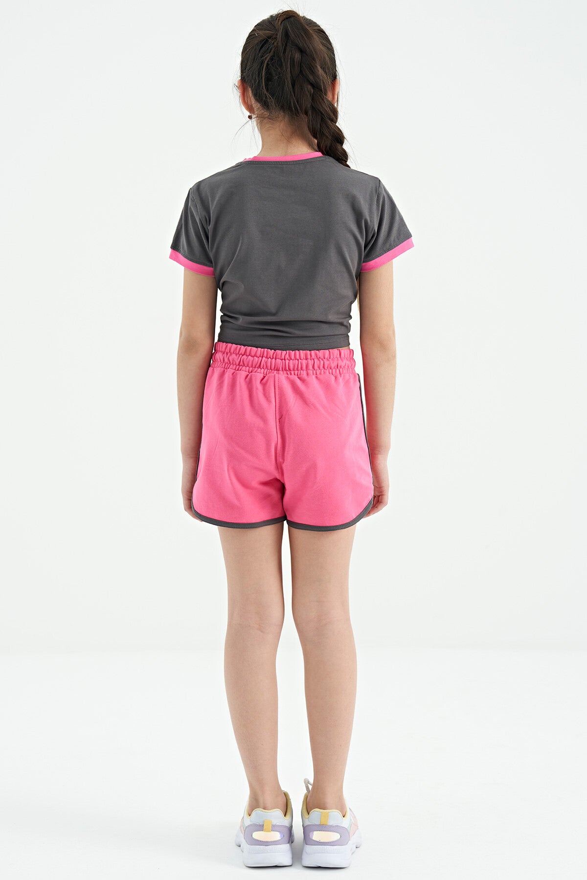 Dark Gray - Sugar Pink O Collar Printed Knot Detailed Relax Fit Girls' Shorts Set - 75132