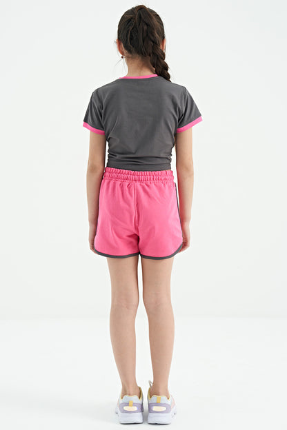 Dark Gray - Sugar Pink O Collar Printed Knot Detailed Relax Fit Girls' Shorts Set - 75132