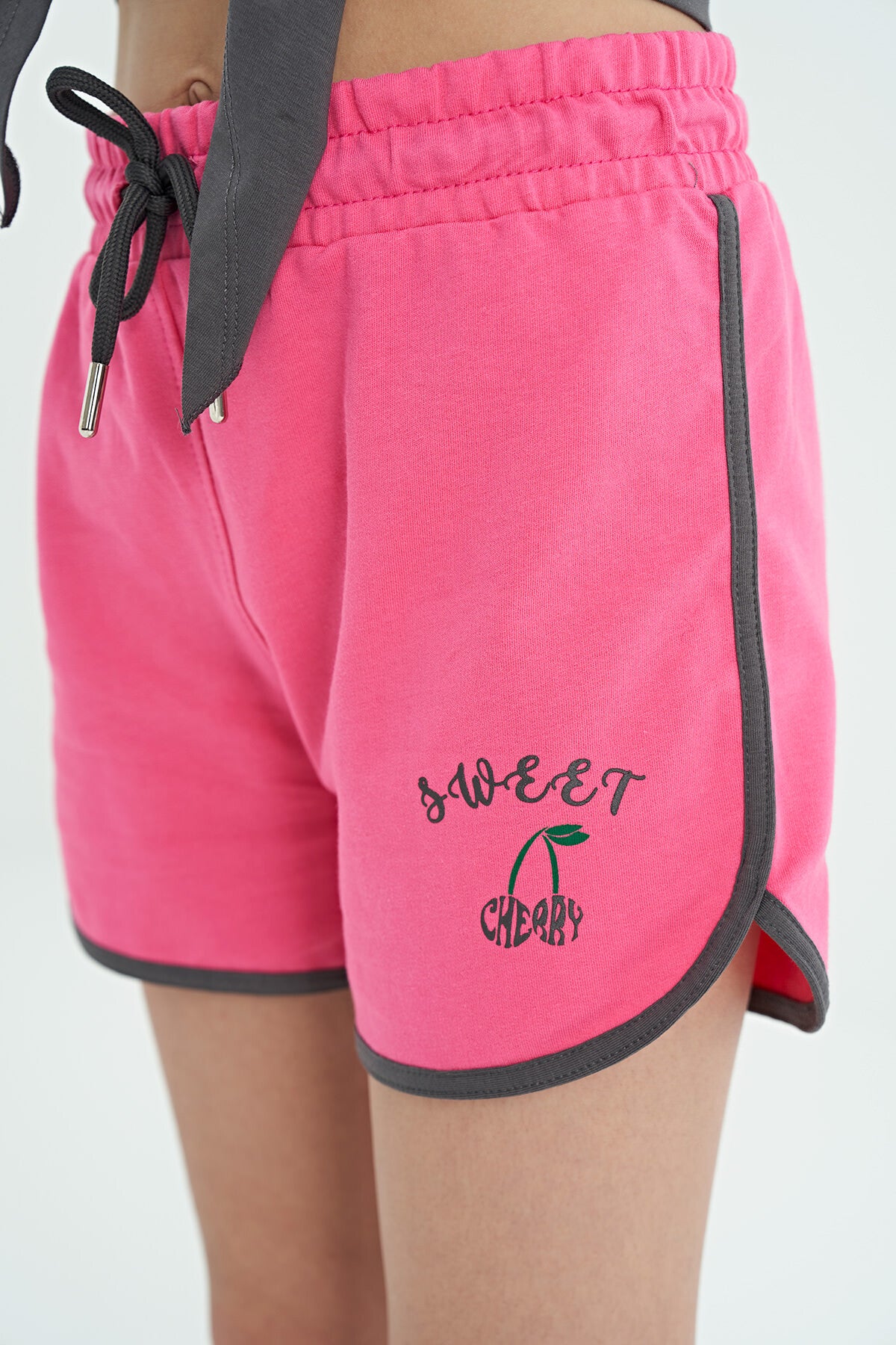 Dark Gray - Sugar Pink O Collar Printed Knot Detailed Relax Fit Girls' Shorts Set - 75132