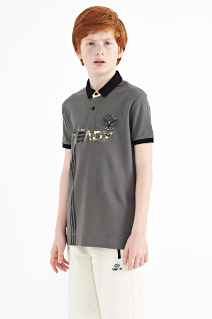 Dark Gray Print Pattern Standard Fit Polo Collar Boys' T-Shirt - 11143
