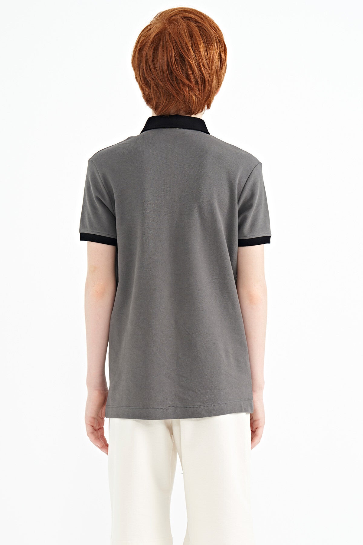 Dark Gray Print Pattern Standard Fit Polo Collar Boys' T-Shirt - 11143