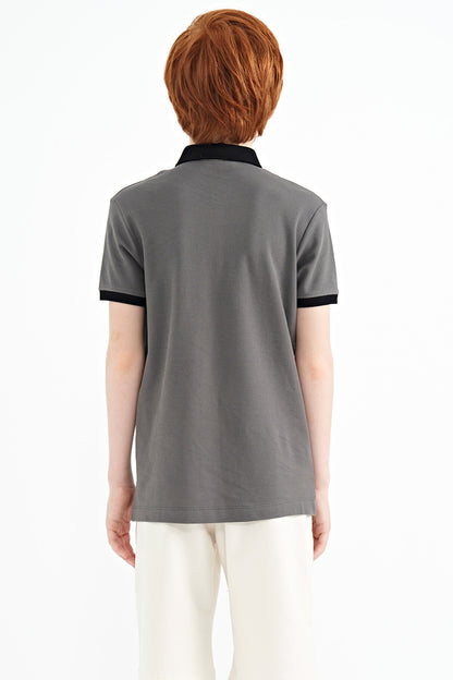 Dark Gray Print Pattern Standard Fit Polo Collar Boys' T-Shirt - 11143