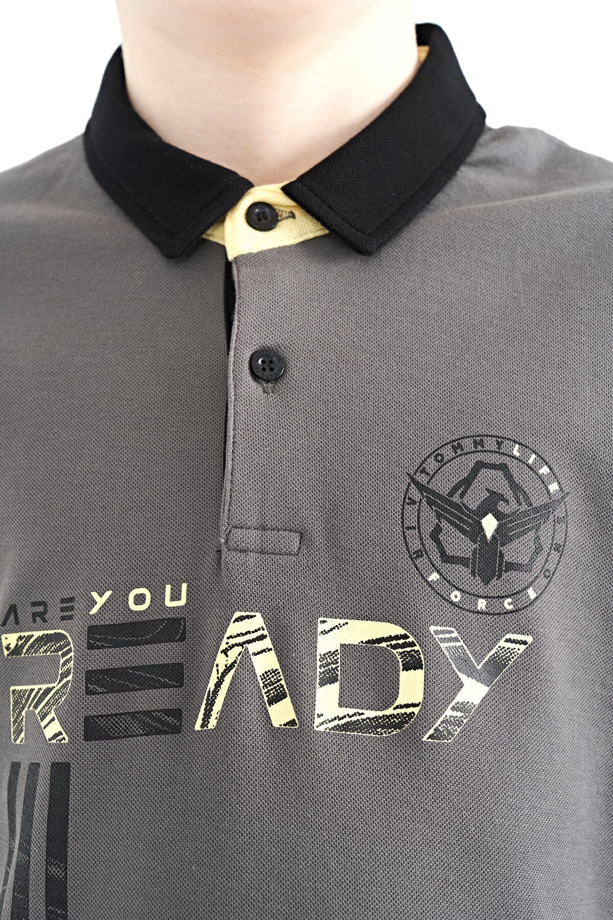 Dark Gray Print Pattern Standard Fit Polo Collar Boys' T-Shirt - 11143